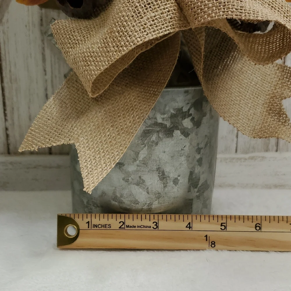 Metal Milk Can with Floral Arrangement Burlap Bow Cattails Dried Lotus